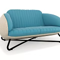 Modern Blue Two Seater Sofa With Woven Beige Armrests And Black Cross Metal Legs