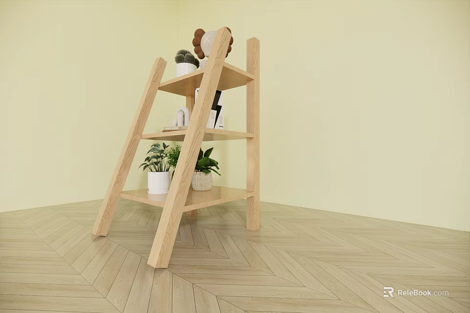 Wooden Shelf With Potted Plants Stuffed Toy And Decorative Items On Light Yellow Wall 3d model 