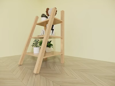 Wooden Shelf With Potted Plants Stuffed Toy And Decorative Items On Light Yellow Wall 3d model