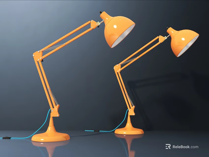 Two Orange Adjustable Arm Desk Lamps with Modern Design and Round Base 3d model 