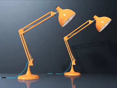 Two Orange Adjustable Arm Desk Lamps with Modern Design and Round Base 3d model