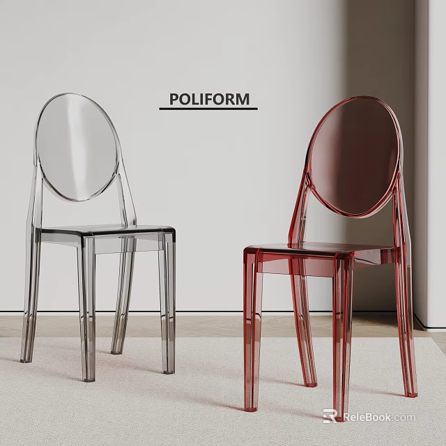 Elegant POLIFORM Transparent And Red Acrylic Dining Chairs In Minimalist Room 3d model 