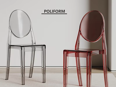Elegant POLIFORM Transparent And Red Acrylic Dining Chairs In Minimalist Room 3d model