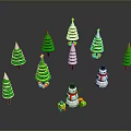 Decorated Christmas Trees With Snowmen And Gift Boxes In Holiday Scene