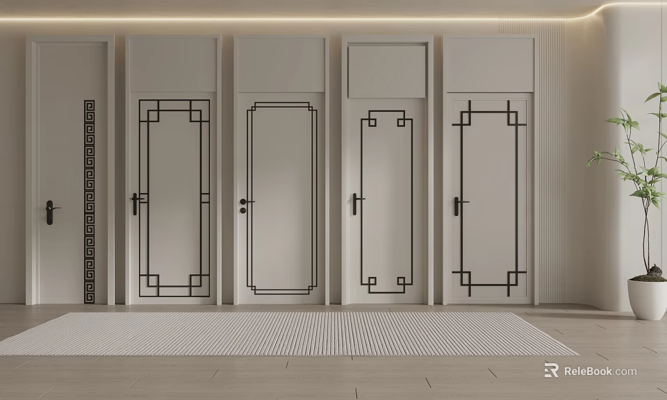 Modern Interior Swing Doors With Black Decorative Lines And White Panel Design 3d model