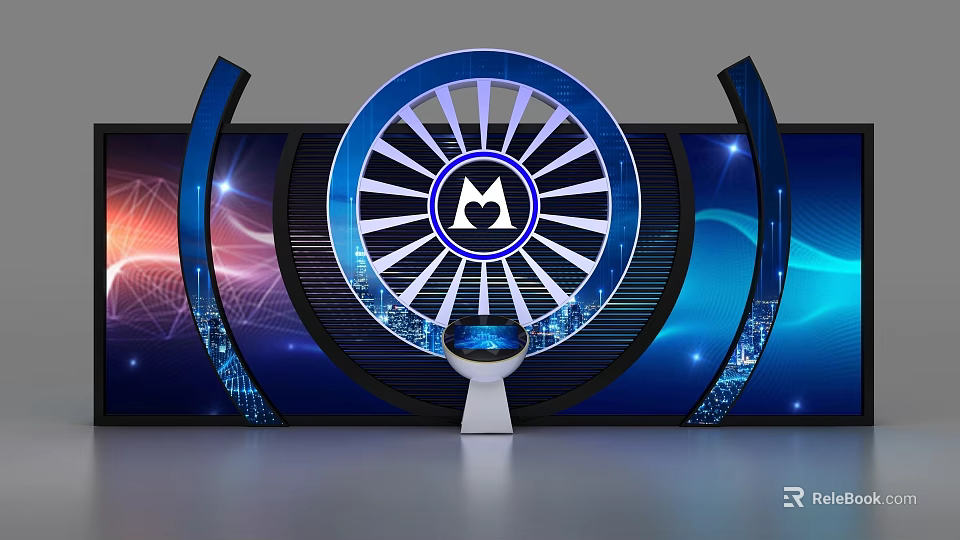 Modern Tech Style Display Shelf With Blue Circular Lights And Arc Design 3d model 
