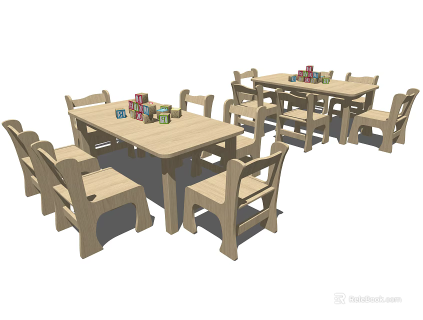 Wooden Children's Table With Matching Chairs And Colorful Building Blocks For Kids Play Area 3d model 