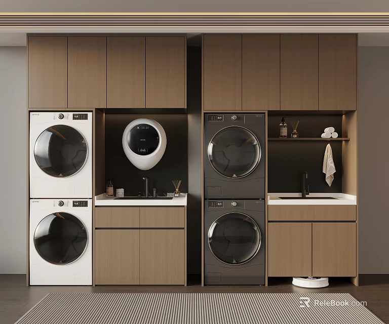Laundry Room Interior With Stacked Washing Machines Dryers Wooden Cabinets And Sink 3d model 