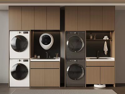 Laundry Room Interior With Stacked Washing Machines Dryers Wooden Cabinets And Sink 3d model