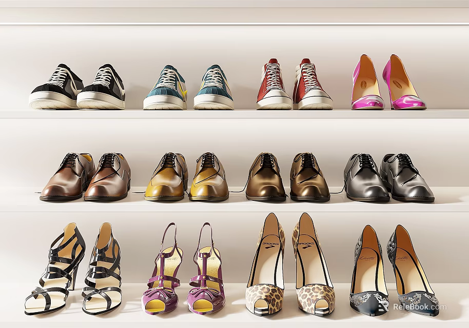 Various Types of Shoes Including Sneakers Leather Shoes and High Heels Displayed on Shelves 3d model 