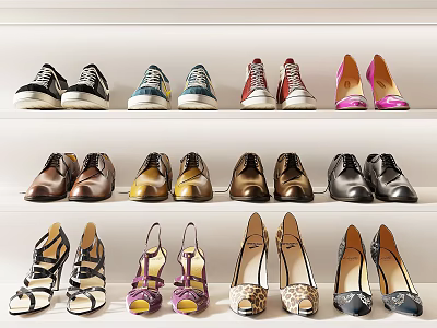 Various Types of Shoes Including Sneakers Leather Shoes and High Heels Displayed on Shelves 3d model
