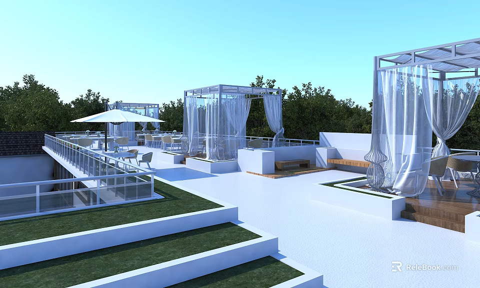 Modern Rooftop Garden Design With Glass Canopies Green Lawn And Outdoor Seating 3d model 