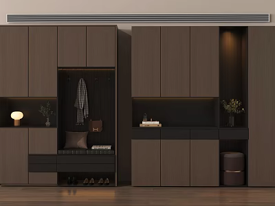 Dark Wood Entryway and Side Cabinet With Clothing Hanger Shoe Storage Potted Plants Small Lamp Books Cushion 3d model