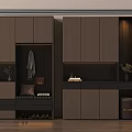 Dark Wood Entryway and Side Cabinet With Clothing Hanger Shoe Storage Potted Plants Small Lamp Books Cushion