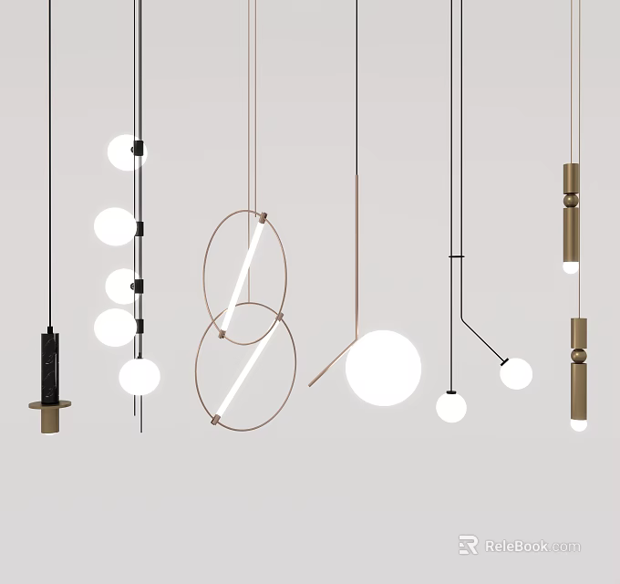 Modern Geometric Pendant Lights Featuring Circular Rings Spherical Bulbs And Metal Frames 3d model
