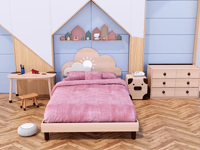 Cute Kids Bed Interior With Pink Bedspread Cloud Shaped Headboard And Small House Models 3d model