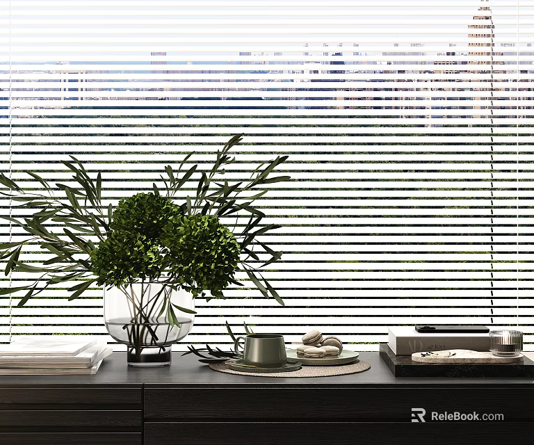 Decorative Ornament Collection With Green Plants Transparent Vase Silver Cup On Dark Table Blinds Background 3d model 