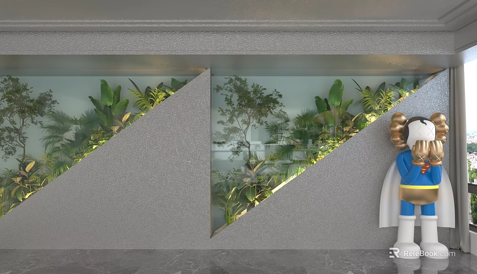 Elegant Green Plant Backdrop Wall With Tropical Foliage And Glass Panel Design 3d model 