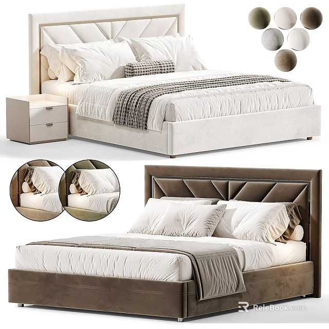 Modern Double Bed With Upholstered Headboard Nightstand White Pillows And Decorative Blanket 3d model 