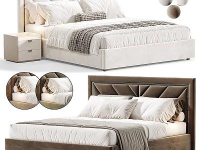 Modern Double Bed With Upholstered Headboard Nightstand White Pillows And Decorative Blanket 3d model