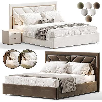 Modern Double Bed With Upholstered Headboard Nightstand White Pillows And Decorative Blanket 3d model