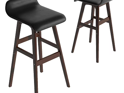 Set of Two Modern Black Leather Bar Stools With Sturdy Wooden Legs For Home Bar 3d model