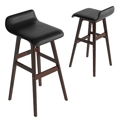 Set of Two Modern Black Leather Bar Stools With Sturdy Wooden Legs For Home Bar 3d model