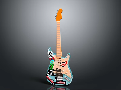 Colorful Electric Guitar With Sticker Design For Home Decor And Daily Use 3d model