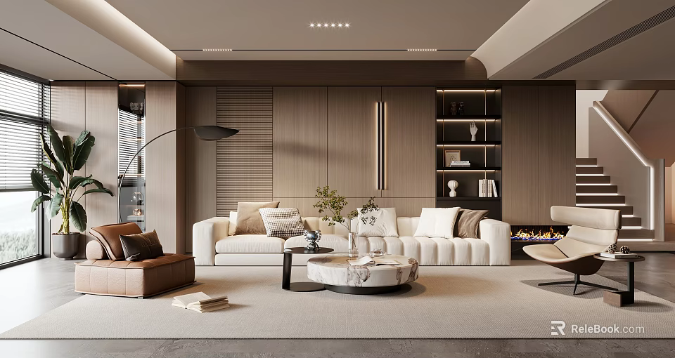 Modern Living Room Design With White Sofa Brown Armchair Round Marble Coffee Table Wooden Wall 3d model 