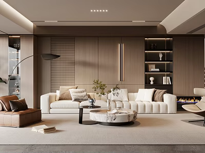 Modern Living Room Design With White Sofa Brown Armchair Round Marble Coffee Table Wooden Wall 3d model