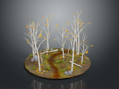 Cartoon Autumn Scene Featuring Trees With White Trunks Yellow Leaves Path Stones And Fallen Leaves 3d model