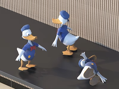 Cute Donald Duck Dolls With Blue Outfit Hat Standing Sideways And Falling On Black Surface 3d model
