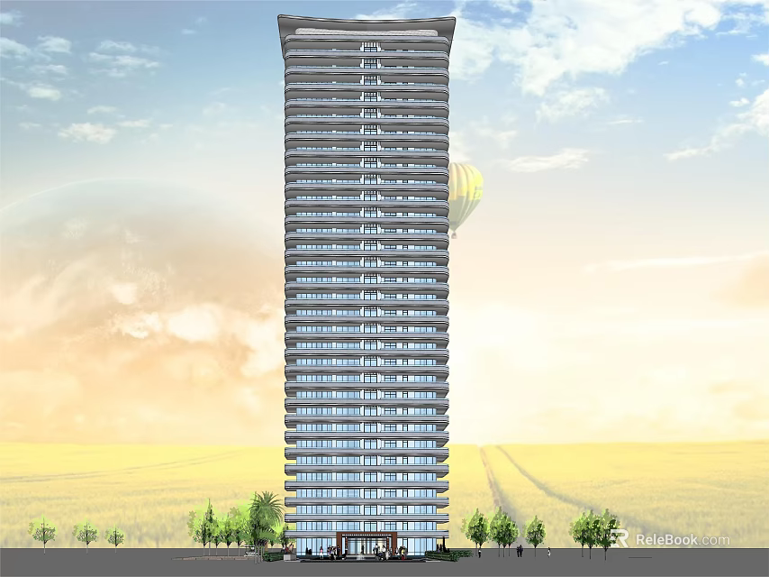 Modern High Rise Residential Tower With Green Grassland And Trees 3d model 