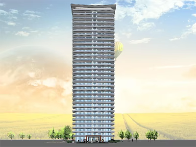 Modern High Rise Residential Tower With Green Grassland And Trees 3d model