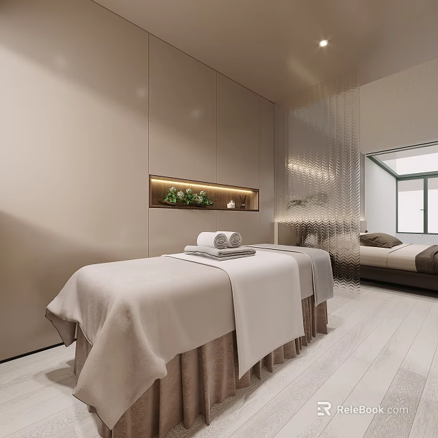 Modern Spa Sauna Interior With Massage Bed White Towels Plant Decor And Relaxing Ambience 3d model 