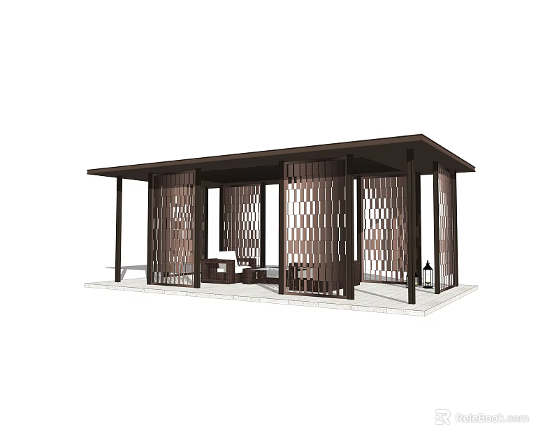 Modern Outdoor Pavilion With Perforated Screens And Comfortable Seating Furniture 3d model 