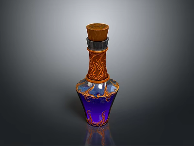 Decorative Household Glass Bottle With Wooden Cap And Carved Purple Blue Design 3d model