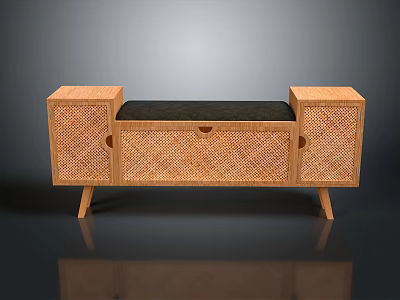 Wooden Storage Cabinet With Woven Texture Black Cushion And Slim Legs 3d model