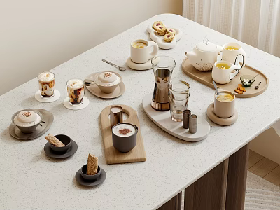 Elegant Afternoon Tea Setup with Coffee Cups Teapot and Pastries on White Countertop 3d model