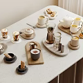 Elegant Afternoon Tea Setup with Coffee Cups Teapot and Pastries on White Countertop