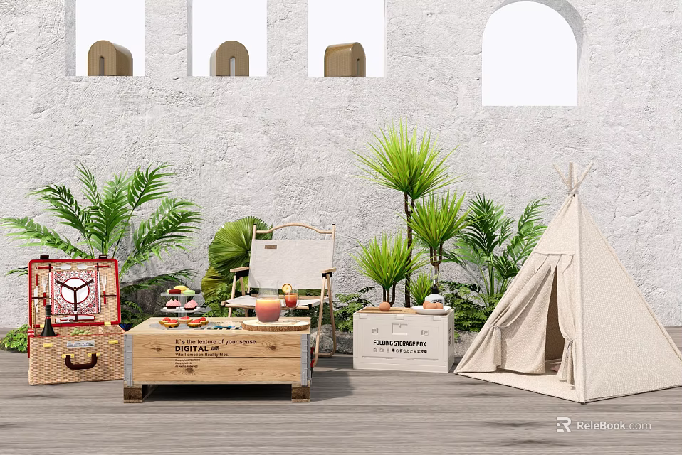 Cozy Teepee Tent Setup Featuring Wooden Crate Folding Chair Green Plants White Wall Arched Windows 3d model 