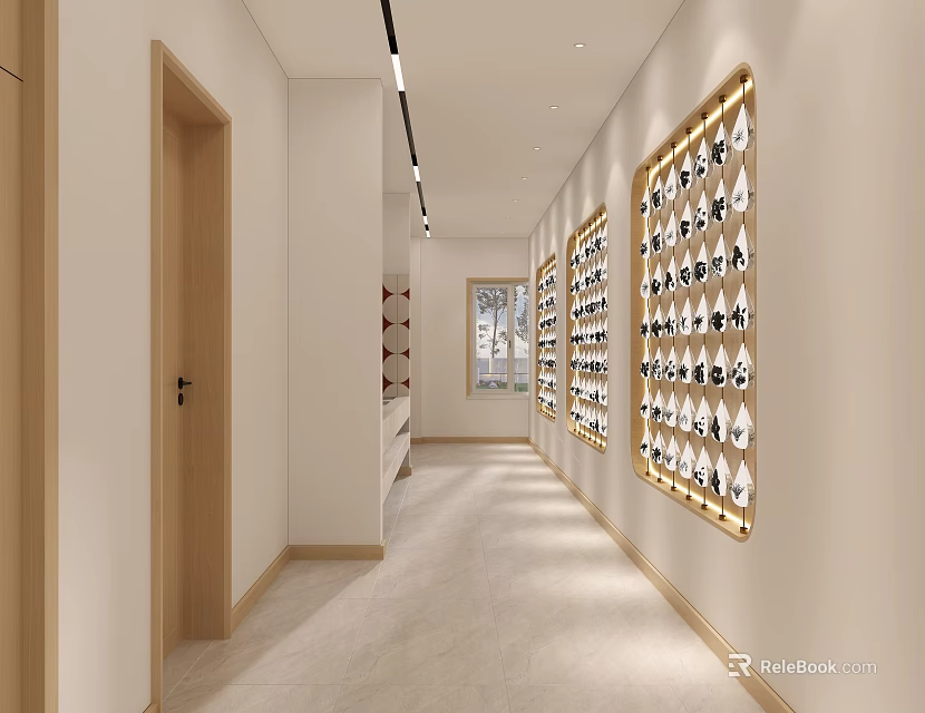 School Corridor With Bright Lighting And Wall Displays 3d model 