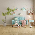 Cute Dolls On Cloud Shaped Shelves In Kids Room With Light Blue Sofa And Pink Blanket