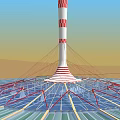 White Central Tower With Red Stripes And Surrounding Circular Solar Panels On Sandy Ground