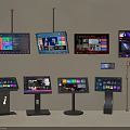 Various Digital Display Screens With Touchscreen Panels And Microphone Stands 3d model