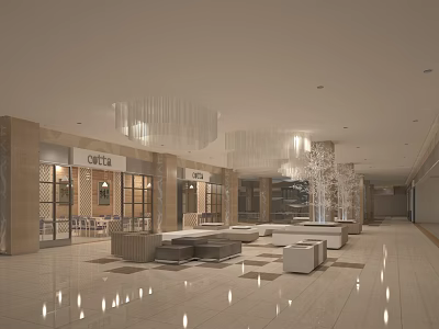 Modern Mall Shop Space With Coffee Bistro Storefronts Lounge Sofas Tables And Chandeliers 3d model