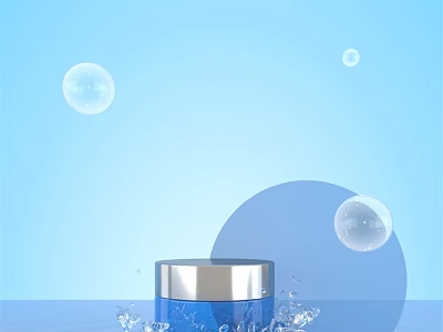 Fresh Blue Cosmetic Jar With Water Splashes And Bubbles On Blue Background 3d model