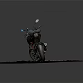 Blue and Black Motorcycle with Red Frame and Rear Storage Box on Circular Gray Surface