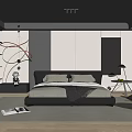 Modern Bedroom Interior Design With Platform Bed Accent Wall Soft Rug And Ceiling Lights 3d model