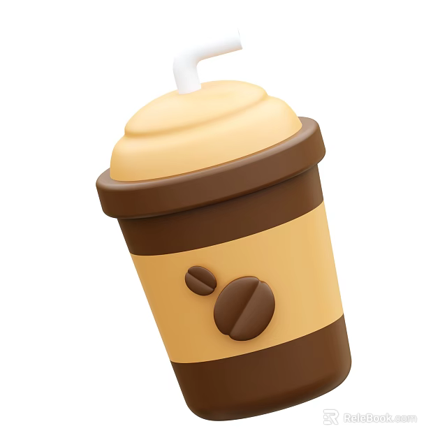Tasty Coffee Beverage in Brown and Yellow Cup with Lid Straw and Coffee Bean Design 3d model 